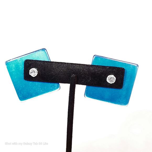 Corrugated Lucite Square Earrings Electric Blue Studs Pierced - Picture 4 of 9